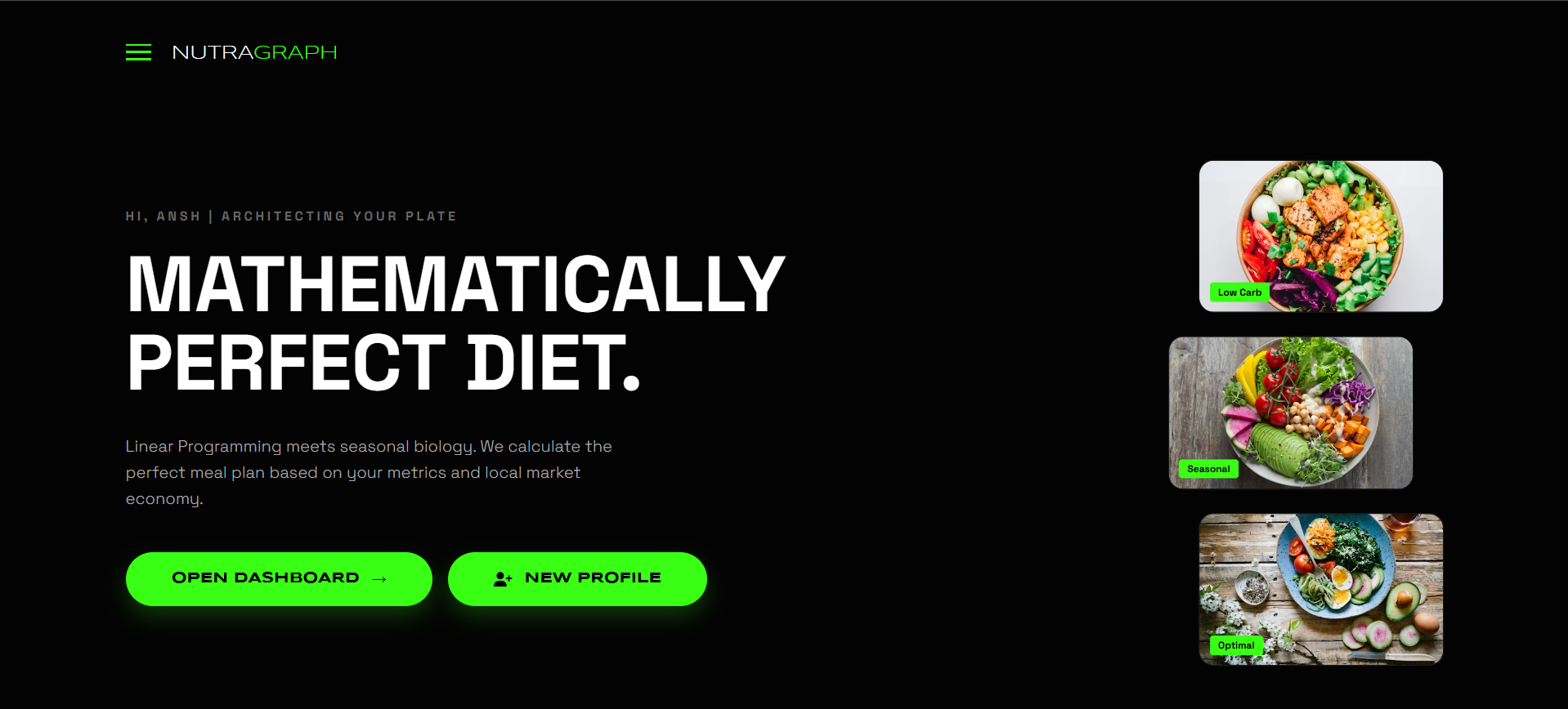 NutraGraph Landing Matrix Layout Dashboard View