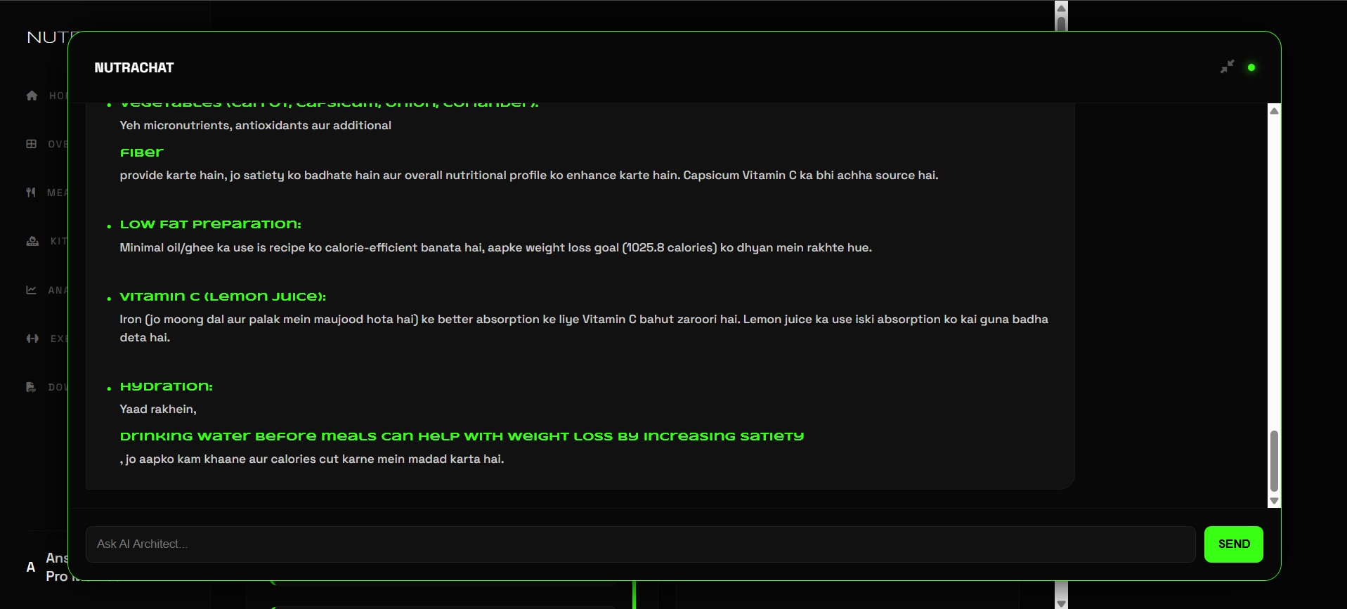 NutraChat Artificial Intelligence Execution Engine Interface